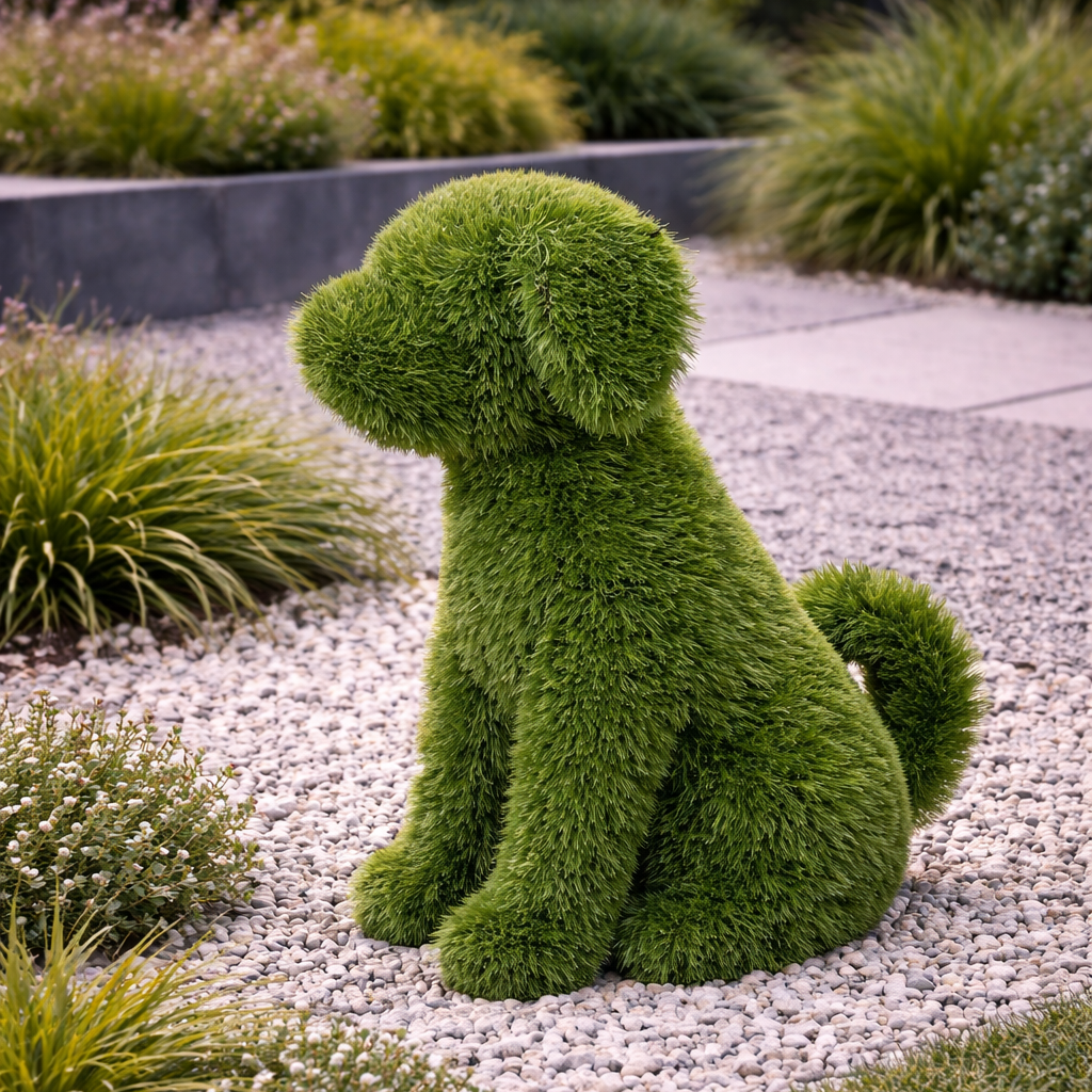 Green dog-shaped topiary in a garden setting