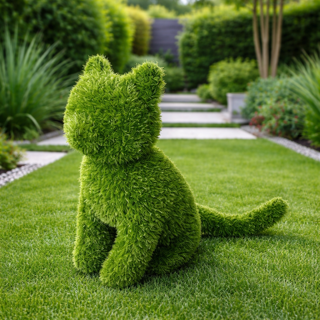 Artificial grass cat sculpture in a garden setting