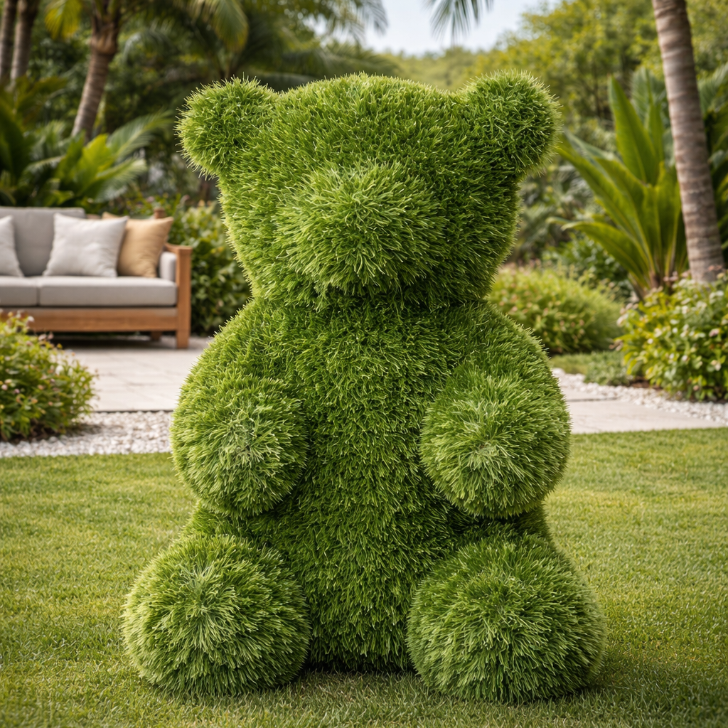 Large green teddy bear sculpture in a garden setting with palm trees and a couch in the background.