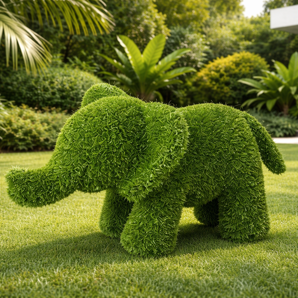 Topiary sculpture of an elephant in a garden setting